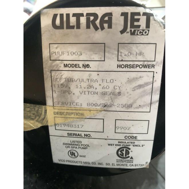 Softub hot tub pump motor heater  140/220/300 gallon tubs,  110V 1hp Ultra Jet