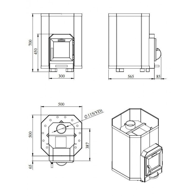 Sauna Wood Burning Stove Square 16 for 8 - 16m3 Steam Room 17kw Without Stones
