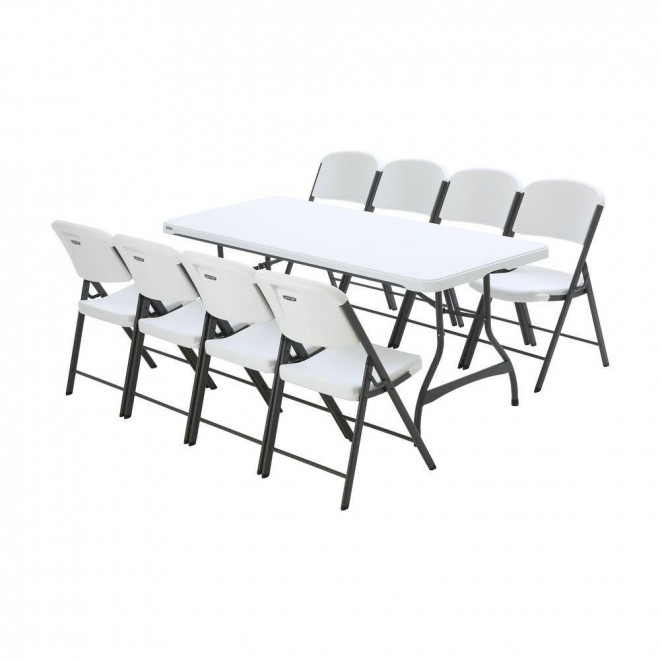 6 ft. White Granite Stacking Table and Chair Combo (8-Pack)