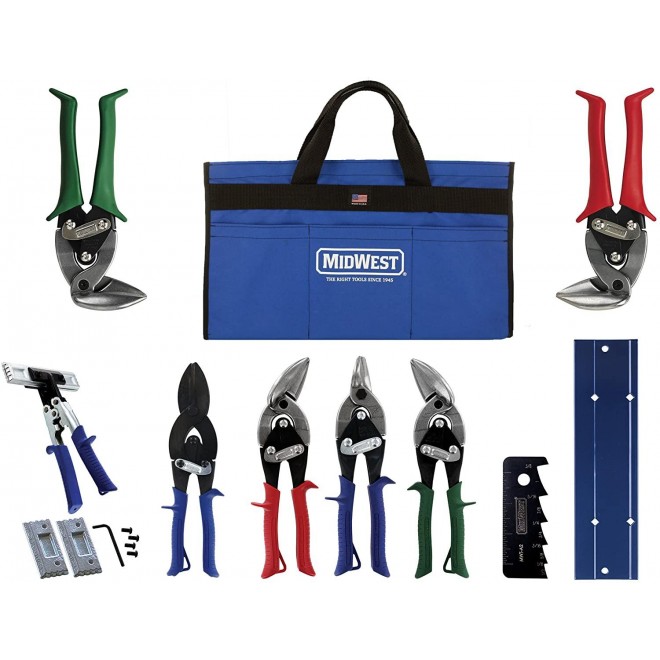 MIDWEST HVAC Tool Kit - 9 Piece Set Includes Aviation Snips with Metalworking Tools & Bag - MWT-HVACKIT03