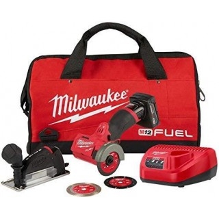 Milwaukee M12 2522-21XCH FUEL 12-Volt 3 in. Lithium-Ion Brushless Cordless Cut Off Saw Kit with One 4.0 Ah Battery, Charger, Blades, Dust Shoe and Bag