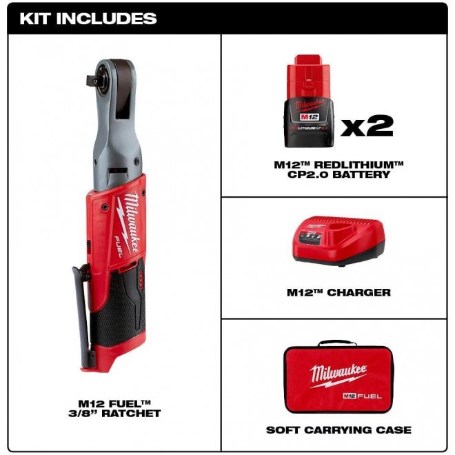 Milwaukee 2557-22 M12 FUEL 12-Volt Lithium-Ion Brushless Cordless 3/8 in. Ratchet Kit W/ (2) 2.0Ah Batteries, Charger and Tool Bag
