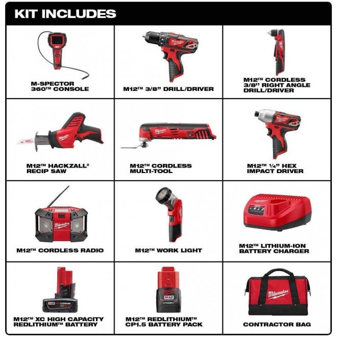 Milwaukee M12 12-Volt Lithium-Ion Cordless Combo Tool Kit (8-Tool) w/(2) 1.5Ah and (1) 3.0Ah Batteries, (1) Charger, (1) Tool Bag