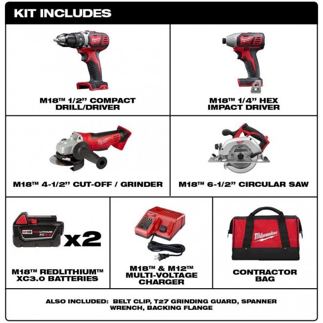 Milwaukee 2691-24G 18-Volt Cordless Combo Tool Kit (4-Tool) with Two 3.0 Ah Batteries, 1-Charger, 1-Tool Bag