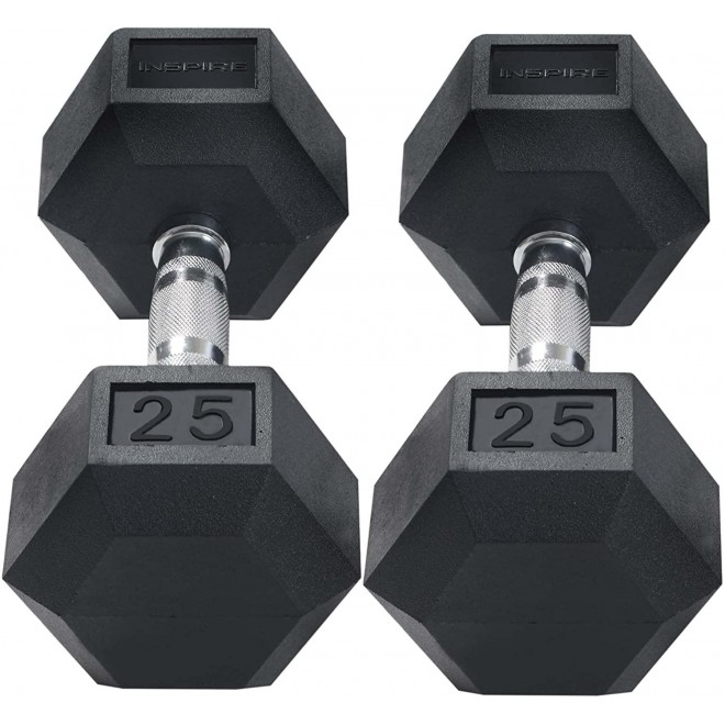 Inspire Fitness 210 lb. (5-30 lb.) Rubber Dumbbell Set with 6 pair Vertical Rack