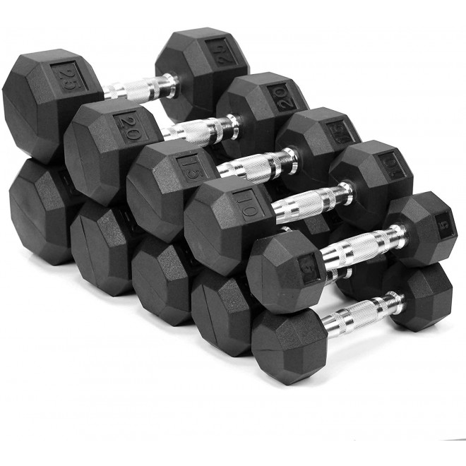 XPRT Fitness 150 lb Rubber Coated Dumbbell Set With Storage Rack (5/10/15/25/25lb Pair of Each)
