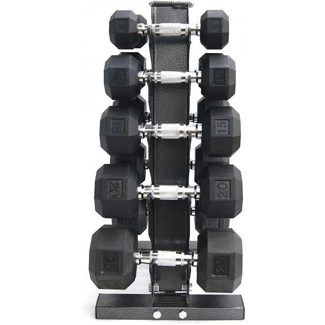 XPRT Fitness 150 lb Rubber Coated Dumbbell Set With Storage Rack (5/10/15/25/25lb Pair of Each)