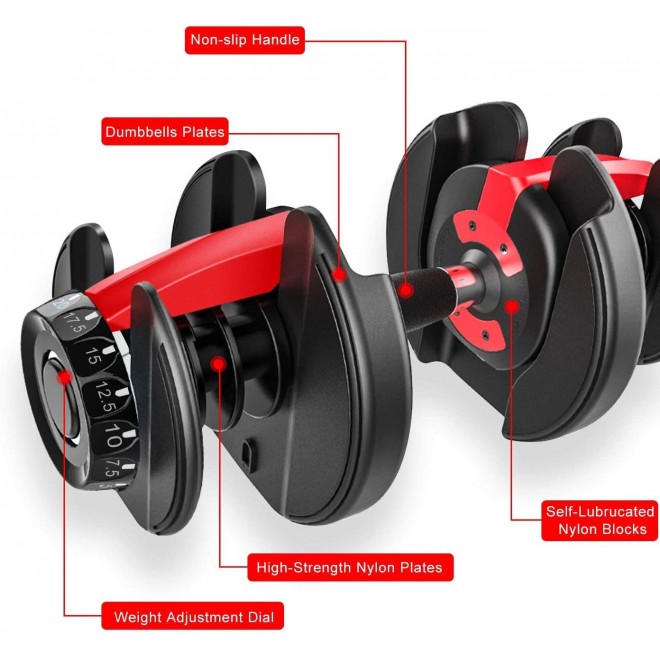 Aipephan Adjustable Dumbbell Weight to 52.5 Lbs, Black and Red, Professional Comprehensive Training Equipment for Home Gym, Non-Slip Handle for Strengt