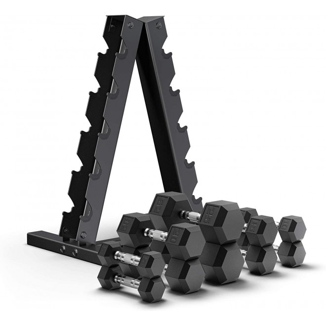 Epic Fitness 150-Pound Hex Dumbbell Set with Heavy Duty A-Frame Rack