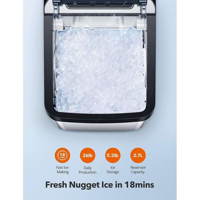 Nugget Ice Maker for Countertop, Sonic Ice Maker Machine, Makes 26lb Pebble Ice per Day, Crunchy Pellet Ice Maker with 5.3lb Ice Bin and Scoop for Home Office, Self-Cleaning