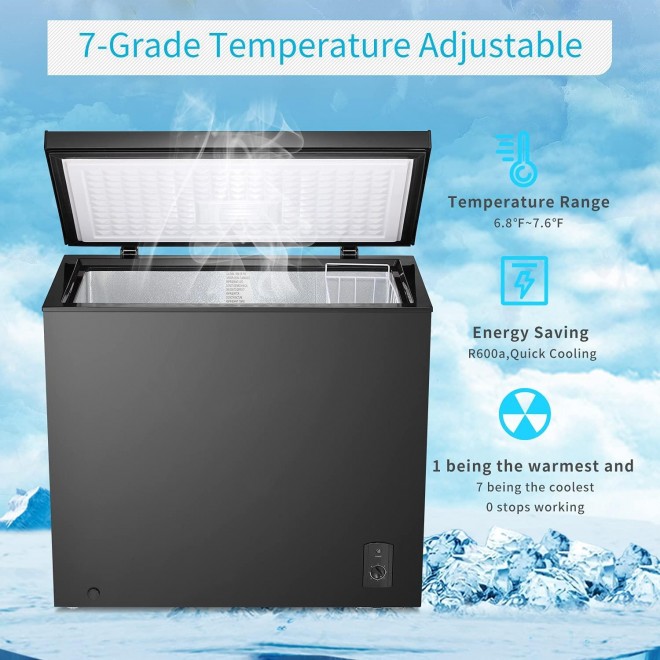 R.W.Flame Chest Freezer 7.0 Cubic Feet, Deep Freezer,Adjustable Temperature,Energy Saving,Top open Door Compact Freezer,Black