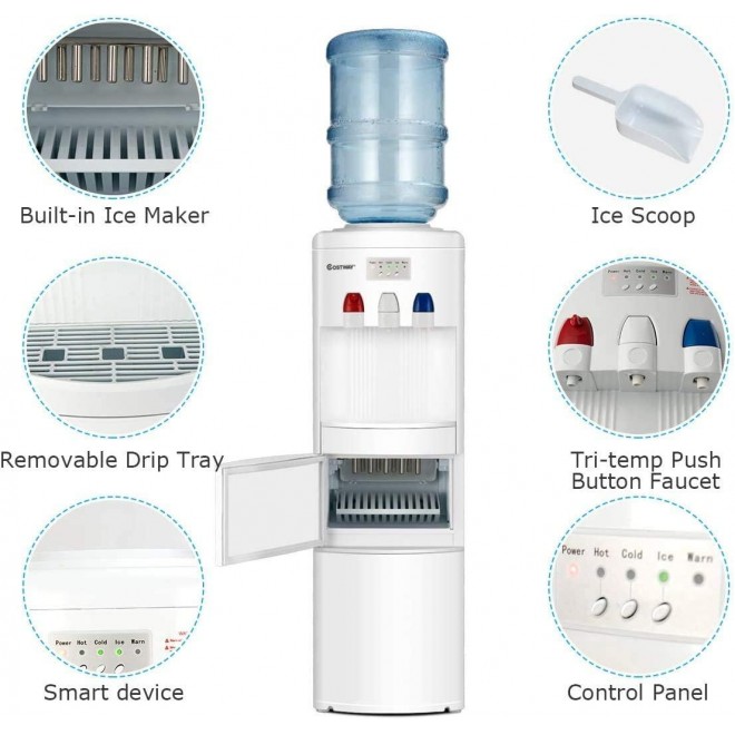 Nightcore 2 in 1 Water Cooler Dispenser with Built-in Ice Maker, Freestanding Electric Hot and Cold Top Loading Water Dispenser with Child Safety Lock, 27LB/24H Ice Maker Machine (White)