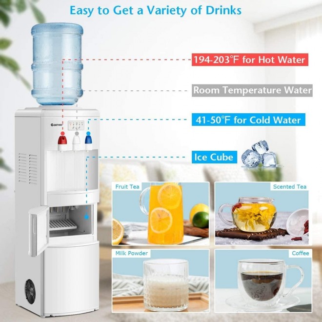 Nightcore 2 in 1 Water Cooler Dispenser with Built-in Ice Maker, Freestanding Electric Hot and Cold Top Loading Water Dispenser with Child Safety Lock, 27LB/24H Ice Maker Machine (White)