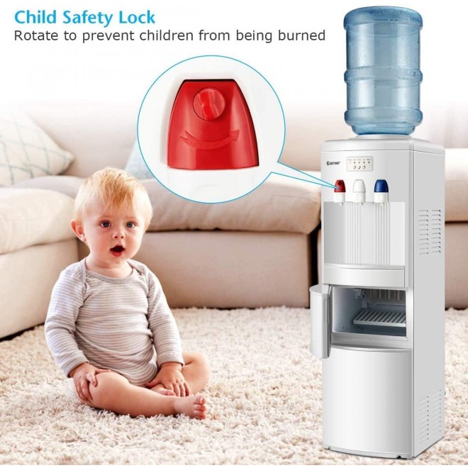 Nightcore 2 in 1 Water Cooler Dispenser with Built-in Ice Maker, Freestanding Electric Hot and Cold Top Loading Water Dispenser with Child Safety Lock, 27LB/24H Ice Maker Machine (White)