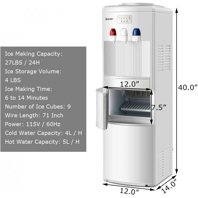 Nightcore 2 in 1 Water Cooler Dispenser with Built-in Ice Maker, Freestanding Electric Hot and Cold Top Loading Water Dispenser with Child Safety Lock, 27LB/24H Ice Maker Machine (White)