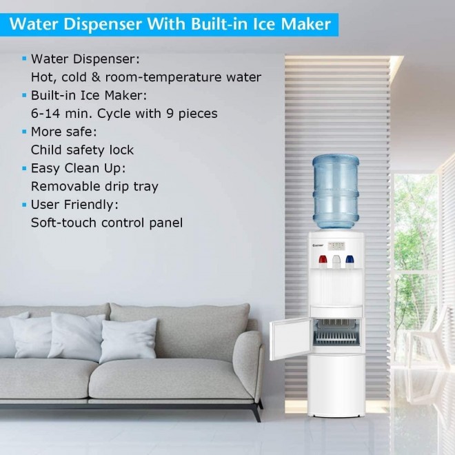 Nightcore 2 in 1 Water Cooler Dispenser with Built-in Ice Maker, Freestanding Electric Hot and Cold Top Loading Water Dispenser with Child Safety Lock, 27LB/24H Ice Maker Machine (White)