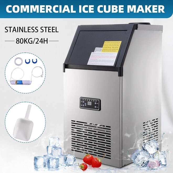 110V Commercial Ice Cube Maker,176 LBS /24 H Free-Standing Household Stainless Steel Ice Machine, Ice Cube Machine with 27lbs Storage,45 Ice Cubes Ready in 15 Min for Home/Café/Restaurant
