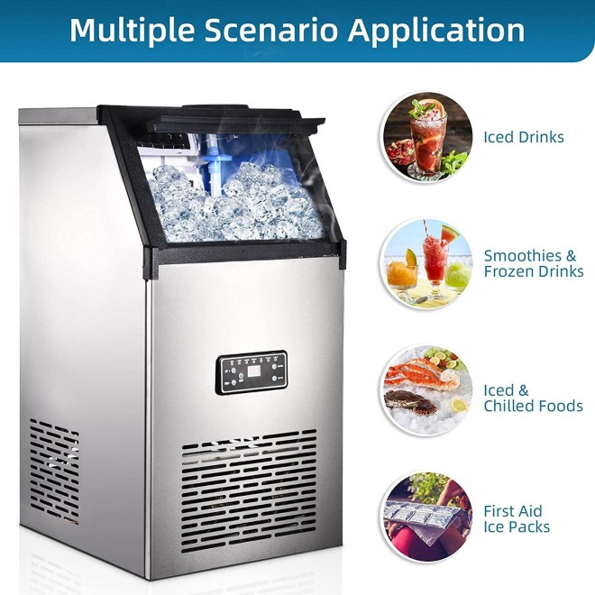 110V Commercial Ice Cube Maker,176 LBS /24 H Free-Standing Household Stainless Steel Ice Machine, Ice Cube Machine with 27lbs Storage,45 Ice Cubes Ready in 15 Min for Home/Café/Restaurant