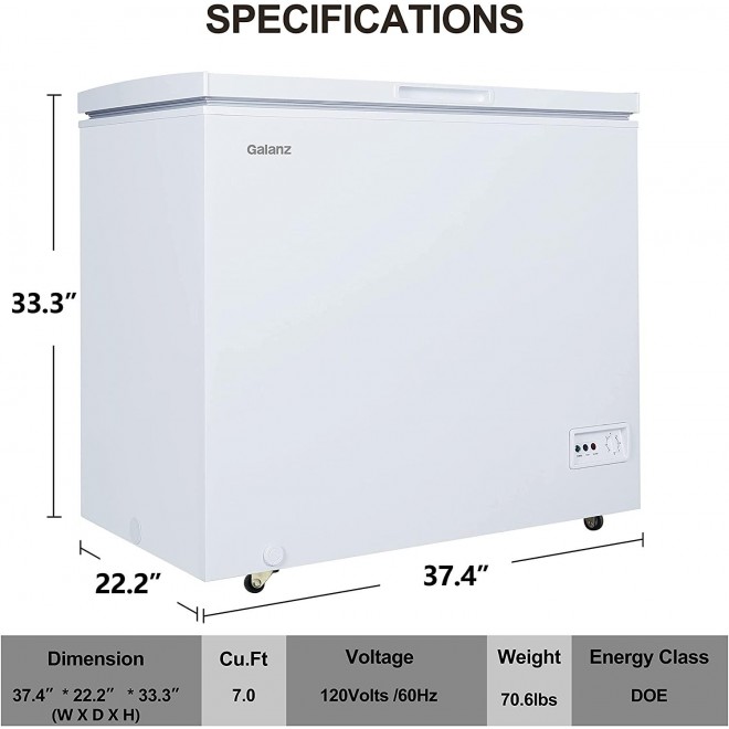 Galanz GLF70CWED01 Manual Defrost Chest Freezer, Mechanical Temperature Control, White, 7.0 Cu Ft