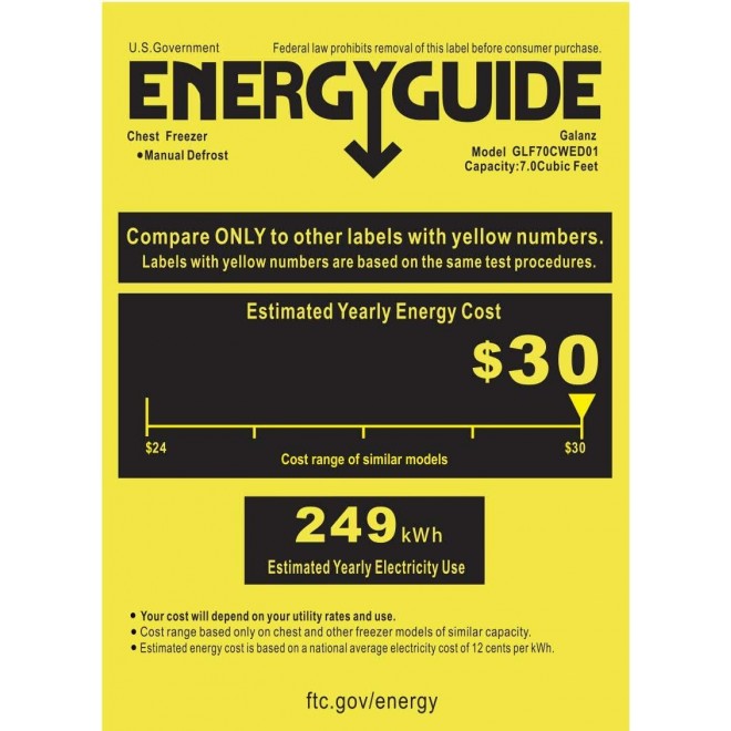 Galanz GLF70CWED01 Manual Defrost Chest Freezer, Mechanical Temperature Control, White, 7.0 Cu Ft