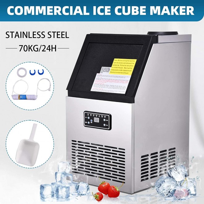 Commercial Ice Maker Machine 154LBS/24H Freestanding Stainless Steel Ice Cube Machine with 25LBS Ice Storage Capacity for Home/Office/Restaurant/Bar/Coffee Shop (154LBS/24H)