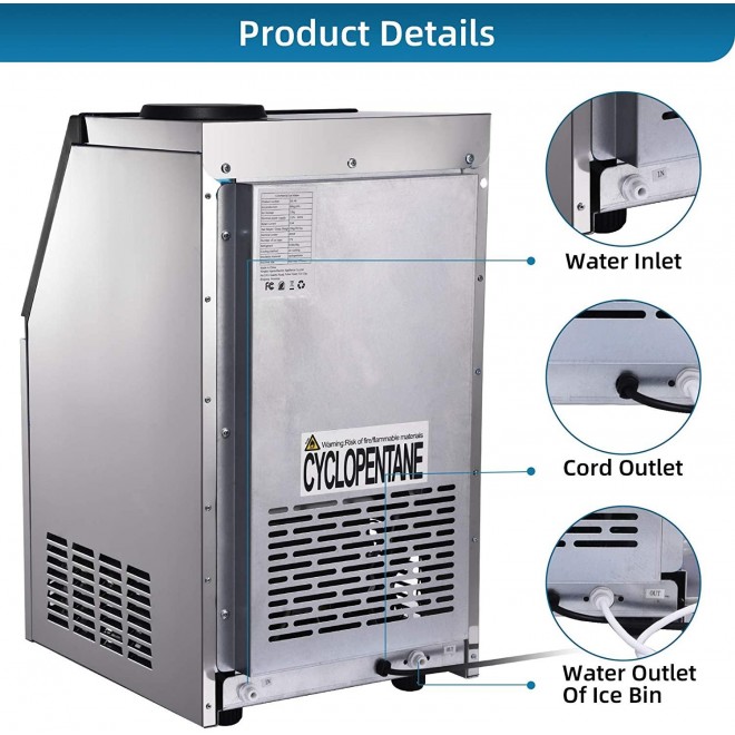 Commercial Ice Maker Machine 154LBS/24H Freestanding Stainless Steel Ice Cube Machine with 25LBS Ice Storage Capacity for Home/Office/Restaurant/Bar/Coffee Shop (154LBS/24H)