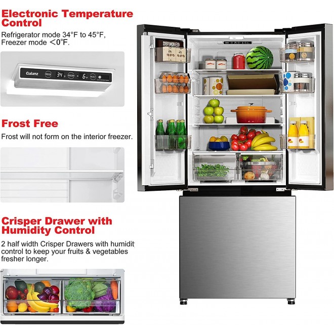 Galanz GLR16FS2D08 3 French Door Refrigerator with Bottom Freezer & Adjustable Thermostat, 16 Cu Ft, Stainless Steel