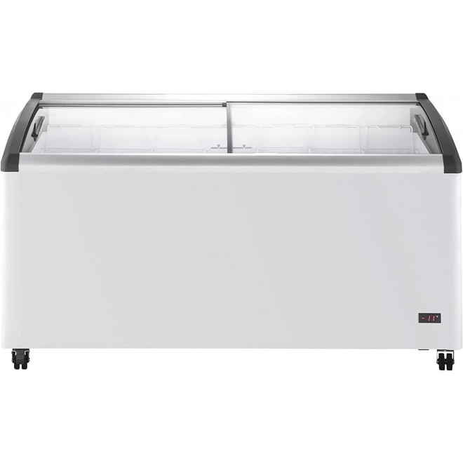 DUURA DDFC18 Commercial Mobile Ice Cream Display Chest Freezer Sub Zero Temp Curved Glass Top Frost Free Lid with 7 Wire Baskets, 63.4 Inch Wide 18.4 Cubic Feet, White