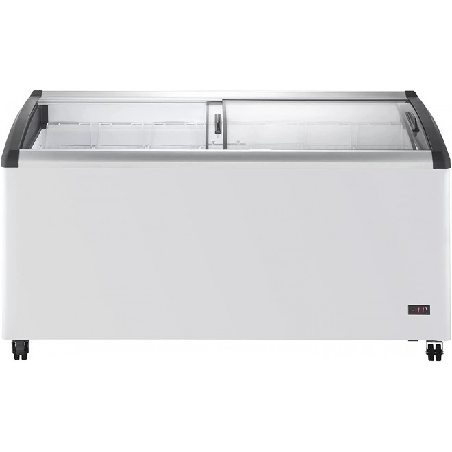 DUURA DDFC18 Commercial Mobile Ice Cream Display Chest Freezer Sub Zero Temp Curved Glass Top Frost Free Lid with 7 Wire Baskets, 63.4 Inch Wide 18.4 Cubic Feet, White