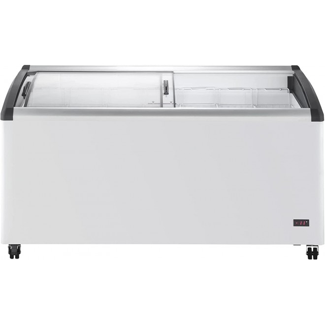 DUURA DDFC18 Commercial Mobile Ice Cream Display Chest Freezer Sub Zero Temp Curved Glass Top Frost Free Lid with 7 Wire Baskets, 63.4 Inch Wide 18.4 Cubic Feet, White