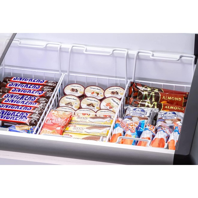 DUURA DDFC18 Commercial Mobile Ice Cream Display Chest Freezer Sub Zero Temp Curved Glass Top Frost Free Lid with 7 Wire Baskets, 63.4 Inch Wide 18.4 Cubic Feet, White