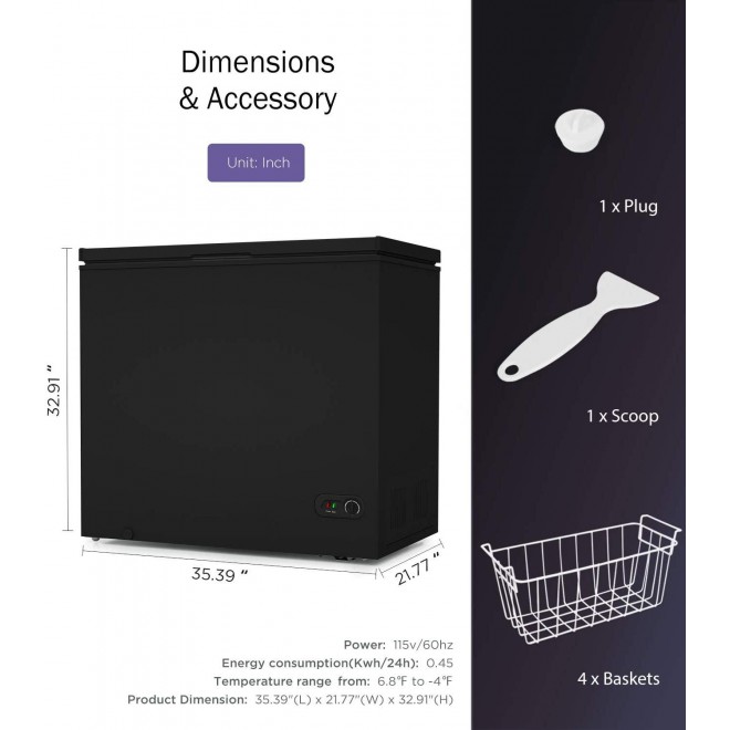 7.0 Cubic Feet Chest Freezer with Removable Basket, from 6.8℉ to -4℉ Free Standing Compact Fridge Freezer for Home/Kitchen/Office/Bar (Black, 7.0 Cu.ft.-normal)