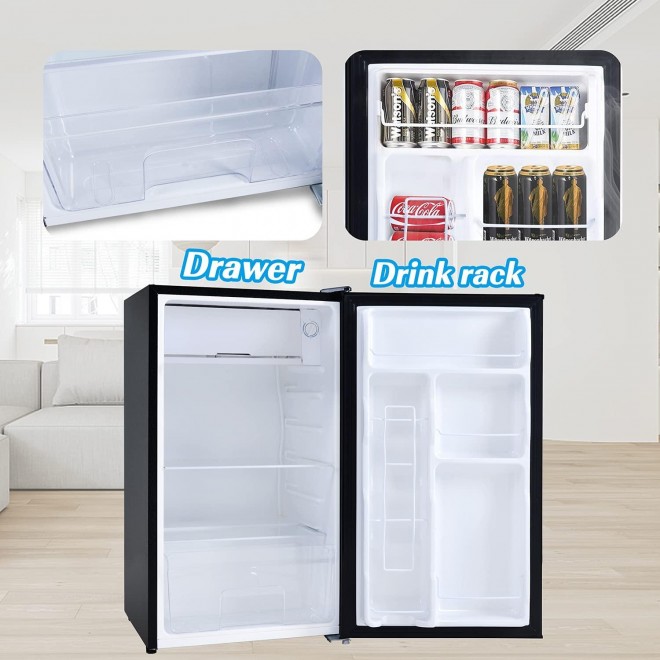 Fairydress Compact refrigerator with freezer, 3.2 Cu.ft Mini Fridge with Reversible Door, 5 Settings Temperature Adjustable for Kitchen, Bedroom, Dorm, Apartment, Bar, Office, RV