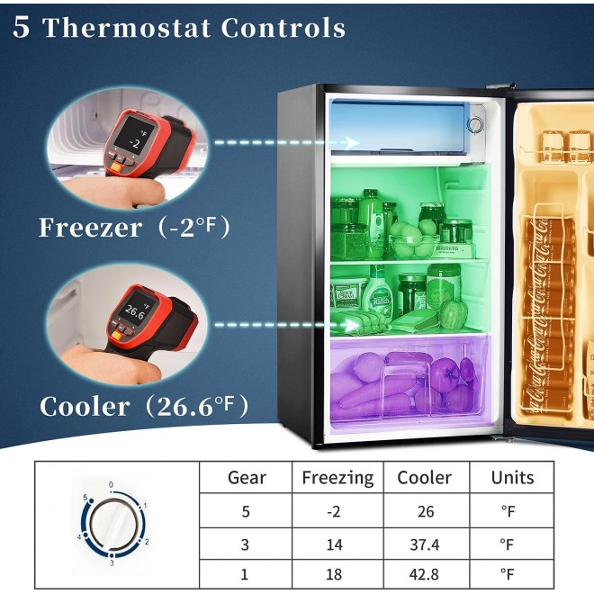 Fairydress Compact refrigerator with freezer, 3.2 Cu.ft Mini Fridge with Reversible Door, 5 Settings Temperature Adjustable for Kitchen, Bedroom, Dorm, Apartment, Bar, Office, RV