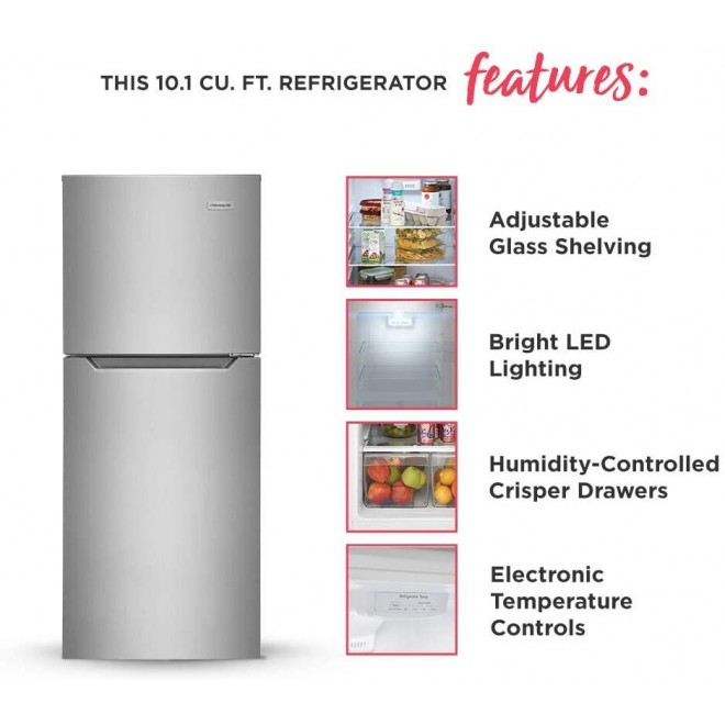 Frigidaire 10.1 Cu. Ft. Compact ADA Top Freezer Refrigerator in Brushed Steel with Electronic Control Panel, Reversible Door Swing, ENERGY STAR