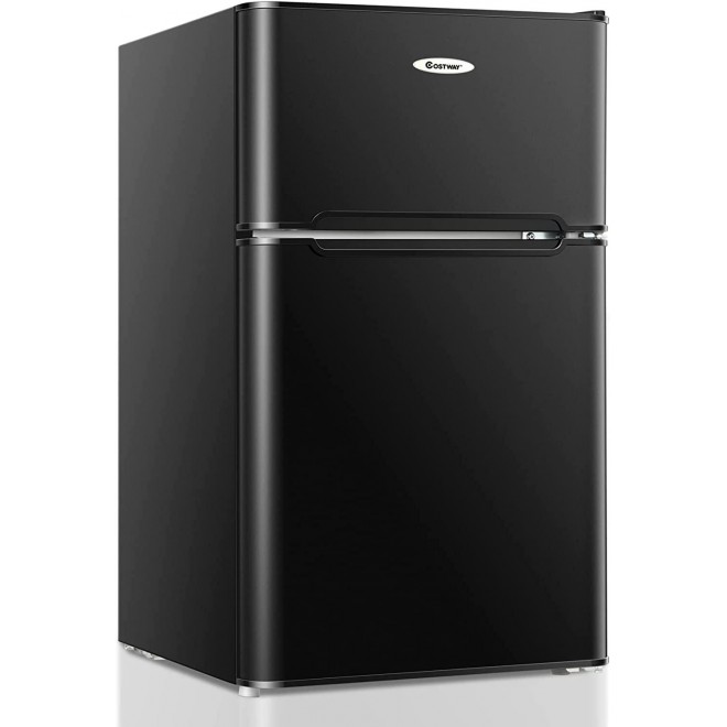 COSTWAY Compact Refrigerator, 2 Reversible Door 3.3 CU.FT. Mini Fridge and Freezer Compartment with Adjustable Thermostat & Removable Glass Shelves for Dorm Apartment Office (Black)