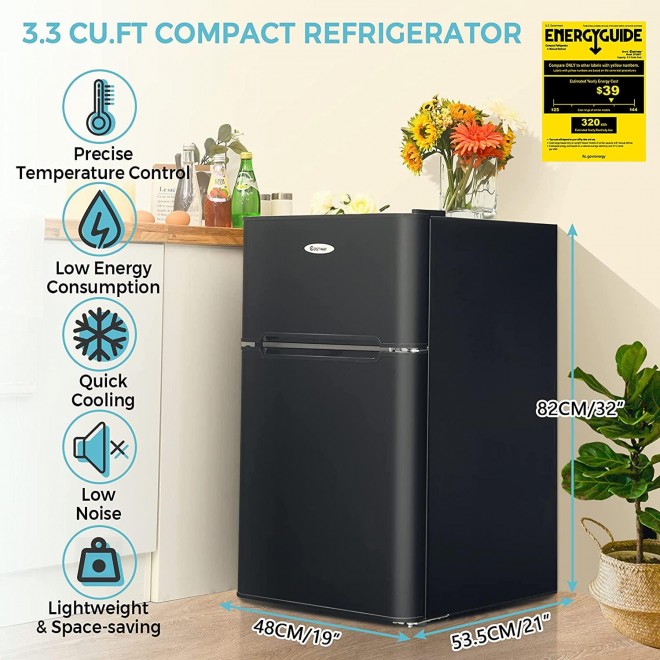 COSTWAY Compact Refrigerator, 2 Reversible Door 3.3 CU.FT. Mini Fridge and Freezer Compartment with Adjustable Thermostat & Removable Glass Shelves for Dorm Apartment Office (Black)