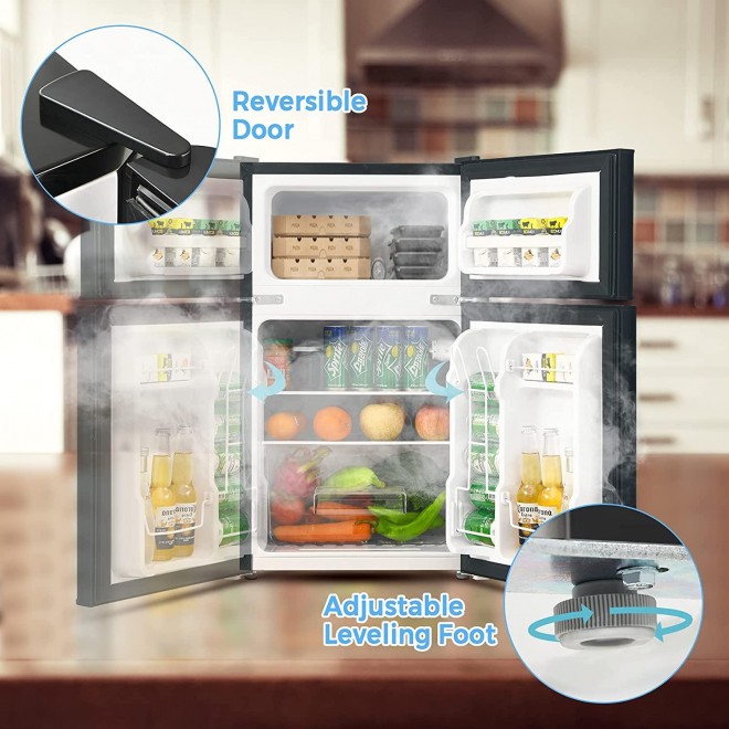 COSTWAY Compact Refrigerator, 2 Reversible Door 3.3 CU.FT. Mini Fridge and Freezer Compartment with Adjustable Thermostat & Removable Glass Shelves for Dorm Apartment Office (Black)