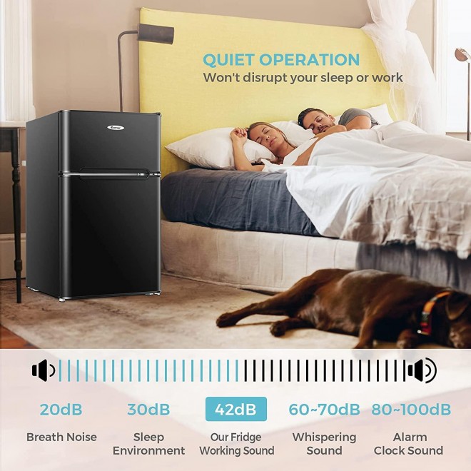 COSTWAY Compact Refrigerator, 2 Reversible Door 3.3 CU.FT. Mini Fridge and Freezer Compartment with Adjustable Thermostat & Removable Glass Shelves for Dorm Apartment Office (Black)