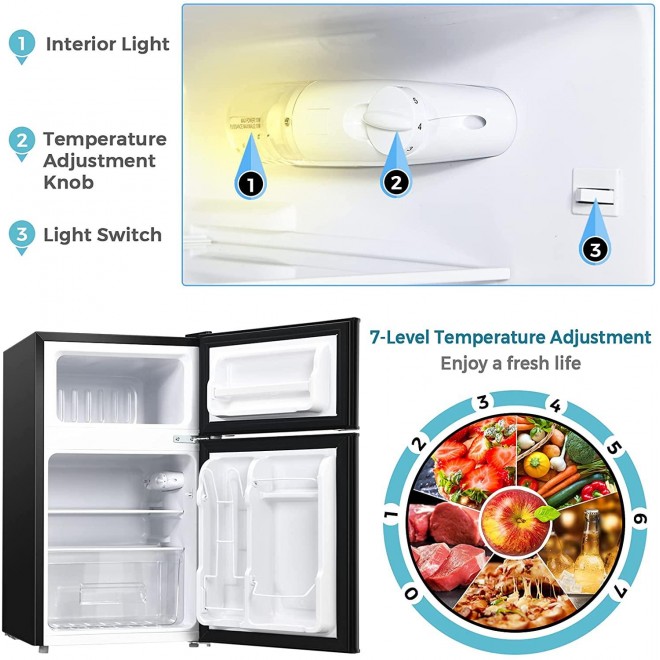 COSTWAY Compact Refrigerator, 2 Reversible Door 3.3 CU.FT. Mini Fridge and Freezer Compartment with Adjustable Thermostat & Removable Glass Shelves for Dorm Apartment Office (Black)