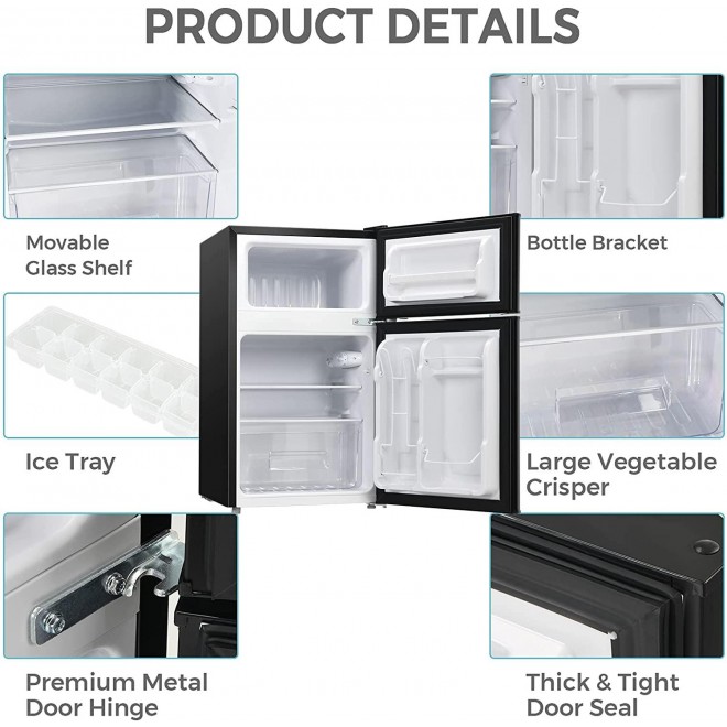 COSTWAY Compact Refrigerator, 2 Reversible Door 3.3 CU.FT. Mini Fridge and Freezer Compartment with Adjustable Thermostat & Removable Glass Shelves for Dorm Apartment Office (Black)