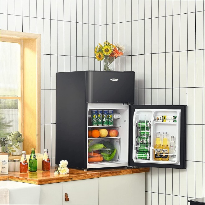 COSTWAY Compact Refrigerator, 2 Reversible Door 3.3 CU.FT. Mini Fridge and Freezer Compartment with Adjustable Thermostat & Removable Glass Shelves for Dorm Apartment Office (Black)
