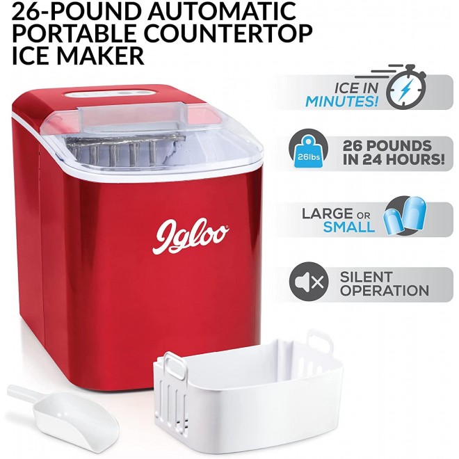 Igloo ICEB26RR Automatic Portable Electric Countertop Ice Maker Machine, 26 Pounds in 24 Hours, 9 Ice Cubes Ready in 7 minutes, With Ice Scoop and Basket, Perfect for Water Bottles, Mixed Drinks