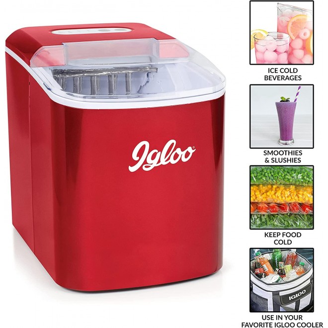 Igloo ICEB26RR Automatic Portable Electric Countertop Ice Maker Machine, 26 Pounds in 24 Hours, 9 Ice Cubes Ready in 7 minutes, With Ice Scoop and Basket, Perfect for Water Bottles, Mixed Drinks