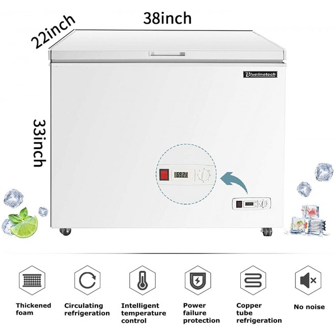 BLUELINETECH 7 Cu Ft Chest Freezer - White with Wire Storage Basket for Home, Kitchen, Garage, and Business