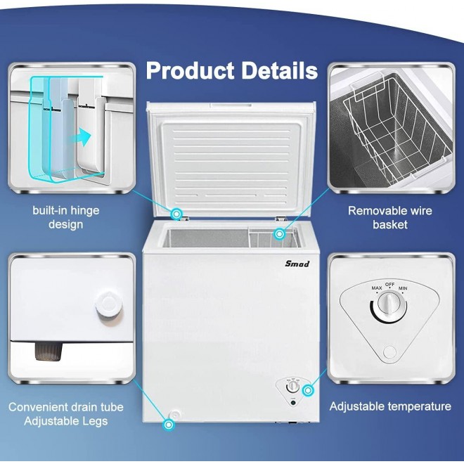 Smad Chest Freezer 7.0 Cubic Feet with Removable Basket Flip-up Lid Deep Freezer Adjustable Temperature, for Apartment Home Kitchen Grocery, White