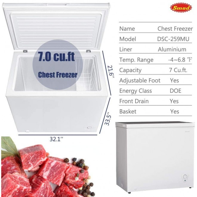 Smad Chest Freezer 7.0 Cubic Feet with Removable Basket Flip-up Lid Deep Freezer Adjustable Temperature, for Apartment Home Kitchen Grocery, White