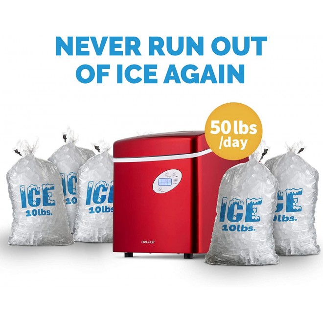 NewAir Portable Ice Maker 50 lb. Daily - Countertop Design - 3 Size Bullet Shaped Ice - AI-215R - Red