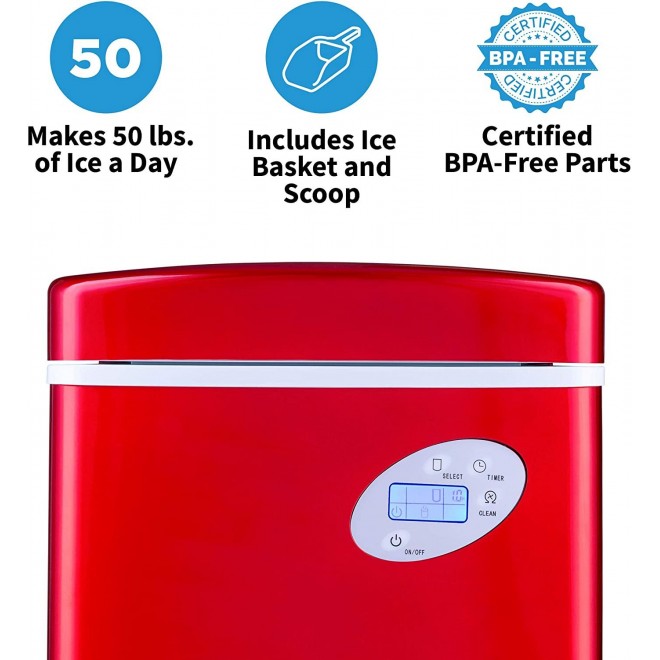 NewAir Portable Ice Maker 50 lb. Daily - Countertop Design - 3 Size Bullet Shaped Ice - AI-215R - Red