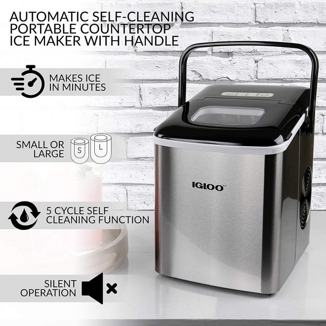 Igloo ICEB26HNSS Automatic Self-Cleaning Portable Electric Countertop Ice Maker Machine With Handle, 26 Pounds in 24 Hours, 9 Ice Cubes Ready in 7 minutes, With Ice Scoop and Basket, Stainless
